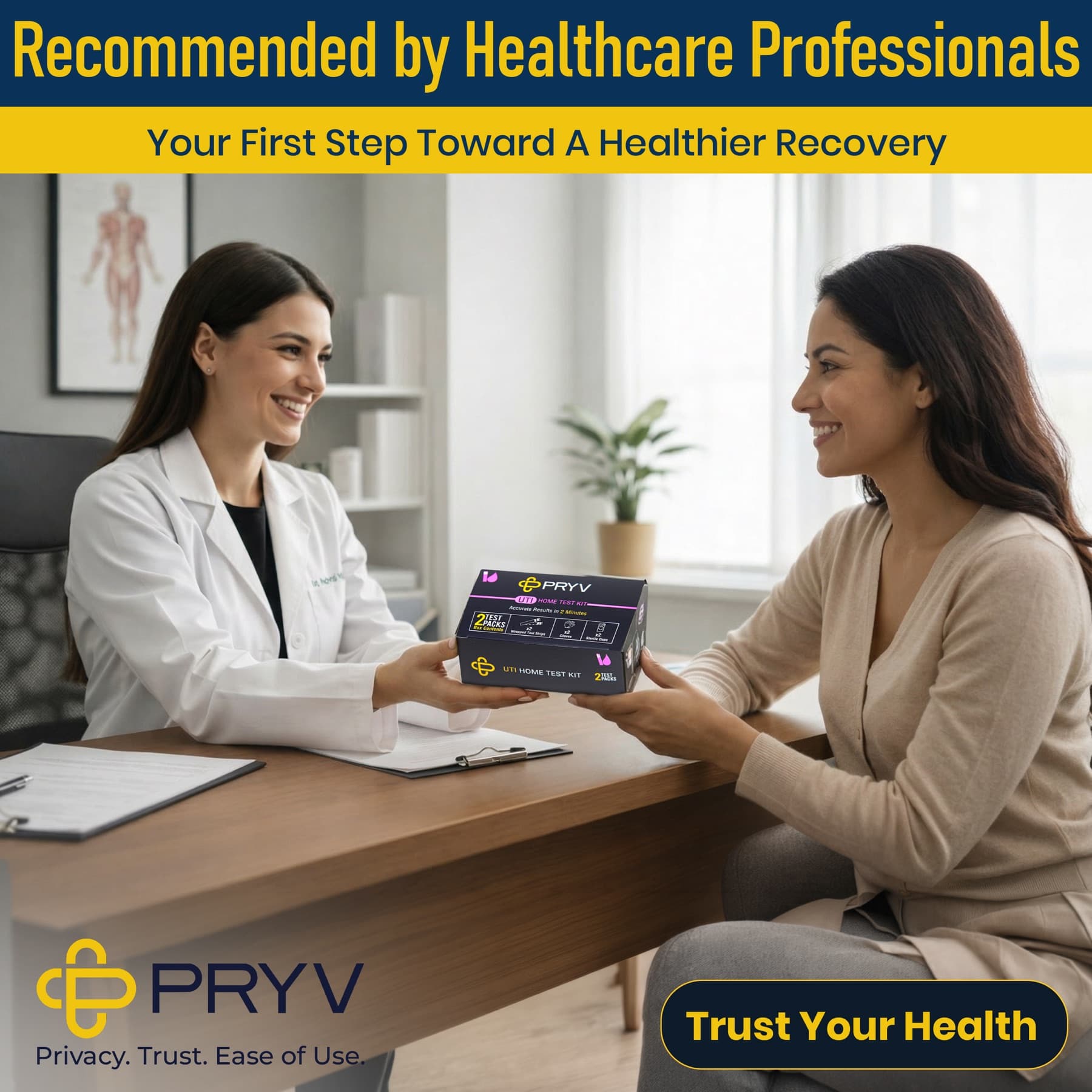 A doctor handing a PRYV test kit to a patient